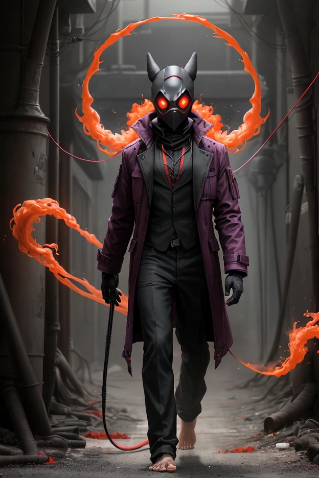 A creature wearing a black radiation mask, and red smoke comes out of its holes. He wears a purple jacket with a red flower in the jacket pocket and walks barefoot.. In addition, it has several energy cables and wires that pass through it and come out of its skin, which is visible., he holds a cane and wears black gloves on his hands.