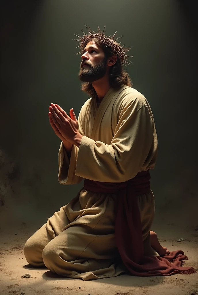 A depiction of Jesus Christ kneeling in prayer, wearing a crown of thorns. He is positioned on his knees, with his hands clasped in front of him, looking upwards as if seeking divine guidance. His expression reflects a deep sense of devotion and humility. The background is subdued, with soft lighting focusing on Jesus, casting a gentle glow around him. His robes are simple, in earthy tones, and the scene is serene and solemn, evoking a powerful sense of reverence and contemplation.