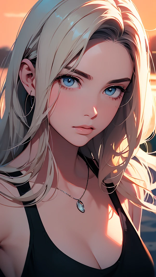Amazing portrait of a 1-blonde beauty, pale blue eyes, sexy woman her blonde hair long and wavy, seductively gazing, and soft lips,, ((very long hair)), {{Azure eyes}}, makeup, beautiful, high definition, masterpiece, best quality, high detail, high detailed eyes, grain filter, Detailed lips, high resolution, (perfect anatomy), perfect hands, perfect face, perfect eyes, chin, perfect face, cleavage, black tank top, Denim cropped jacket, 2d illustration, anime, a painting portrait in fine arts, in manhwa style, (cinematic lighting, perfect lighting), (cinematic angle), (vivid colors), very detailed. very high resolution, sunset, realism, farm, 1980s western setting