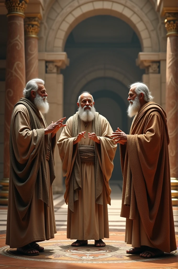 creates an image of three old men in biblical temple clothes who are talking and gesturing with their arms