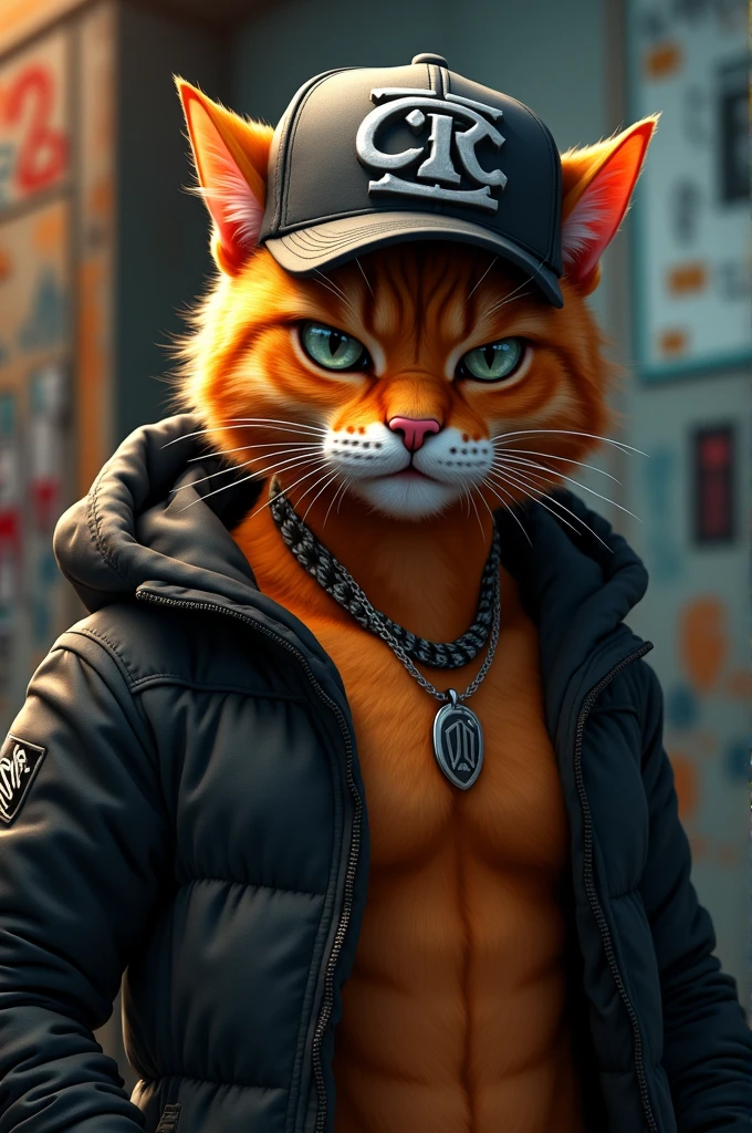Create a picture of an orange gangsta cat with a black white sox hat
