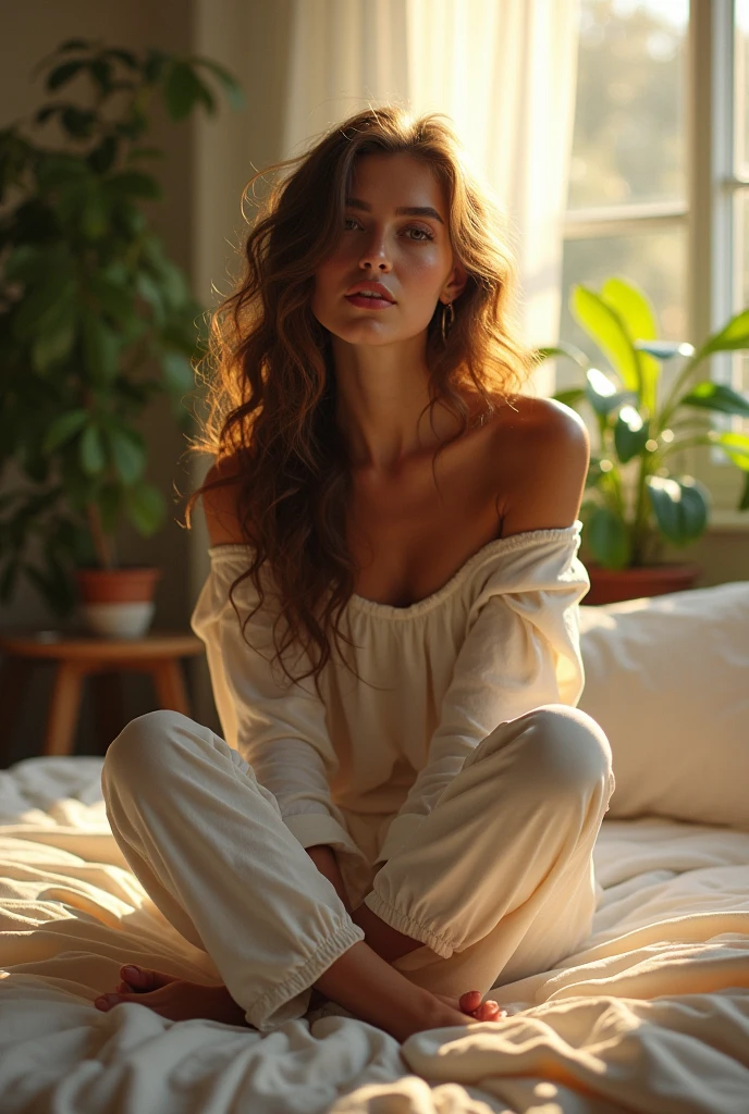 (photorealism:1.2), beautiful woman, sitting on bed, wearing loose off-shoulder top, pajama pants, long curly hair, indoors, soft lighting, plants in background, window with sunlight, cozy room, relaxed pose, realistic, intricate details, warm colors, by Greg Rutkowski, by Alphonse Mucha