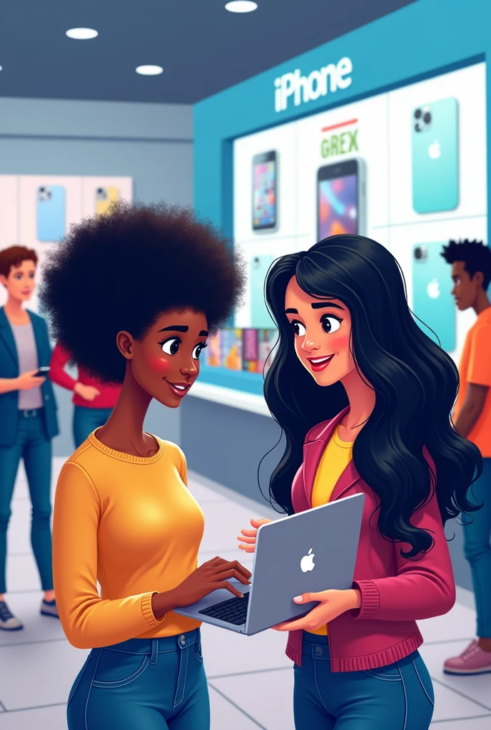 It shows an image showing a young woman with long curly afro hair and dark skin along with her classmate with long, curly black hair and white skin who are doing market research on their laptop., while watching in a cell phone store how young people buy iPhones where he wants to discover the importance of AI today and the impact it has on markets globally. (I WANT THE IMAGE TO BE IN CARTOON)