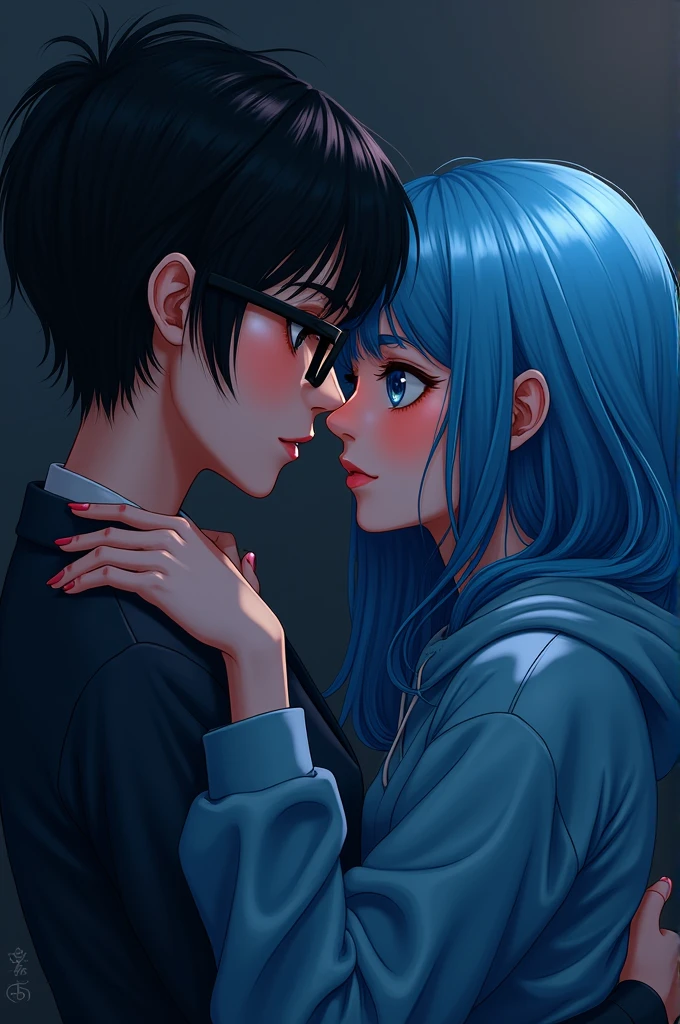 A couple where one has short black hair, eyes black, Black glasses, dark clothes, and seductive eyes, and the other with long blue hair, blue colored eyes, blue sweatshirt and loving eyes
