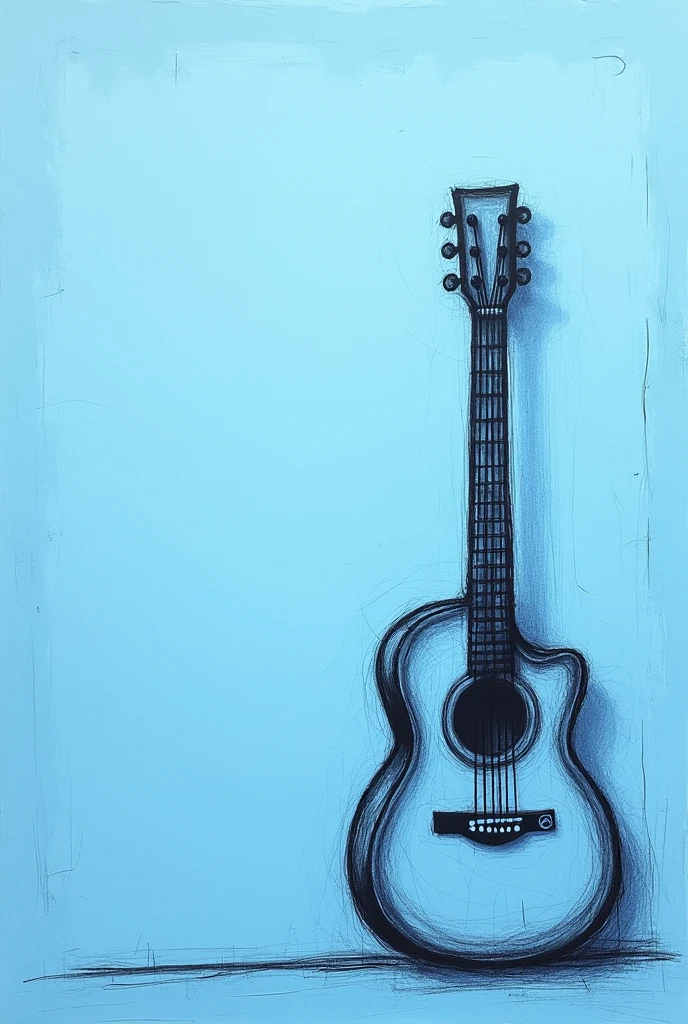 A paper based blue background.
A black and white unfinished drawing of a guitar on it. The guitar is on the right centre of the picture.