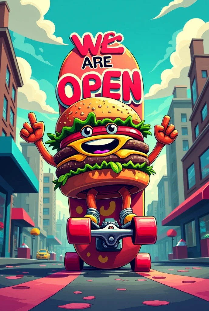 A skateboard burger themed image of we are open