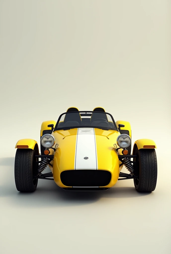 Caterham in yellow with a white stripe in the middle and the top of the car in white at the front