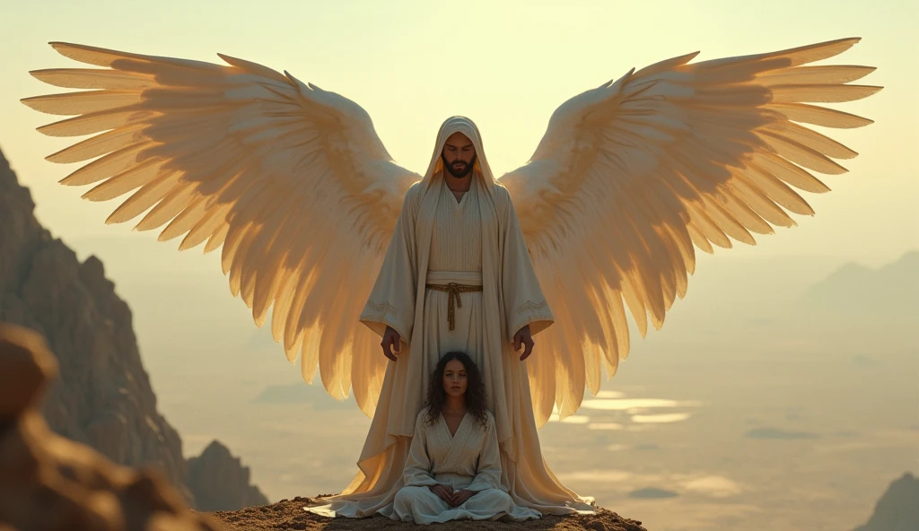 "A celestial being with wings outstretched, covering a vulnerable person beneath them, ancient Middle Eastern attire, set in a high mountainous area with a view of the vast plains below, the scene is calm with a sense of divine protection, hyper-realistic, photo realism, cinematography -- ar 16:9."