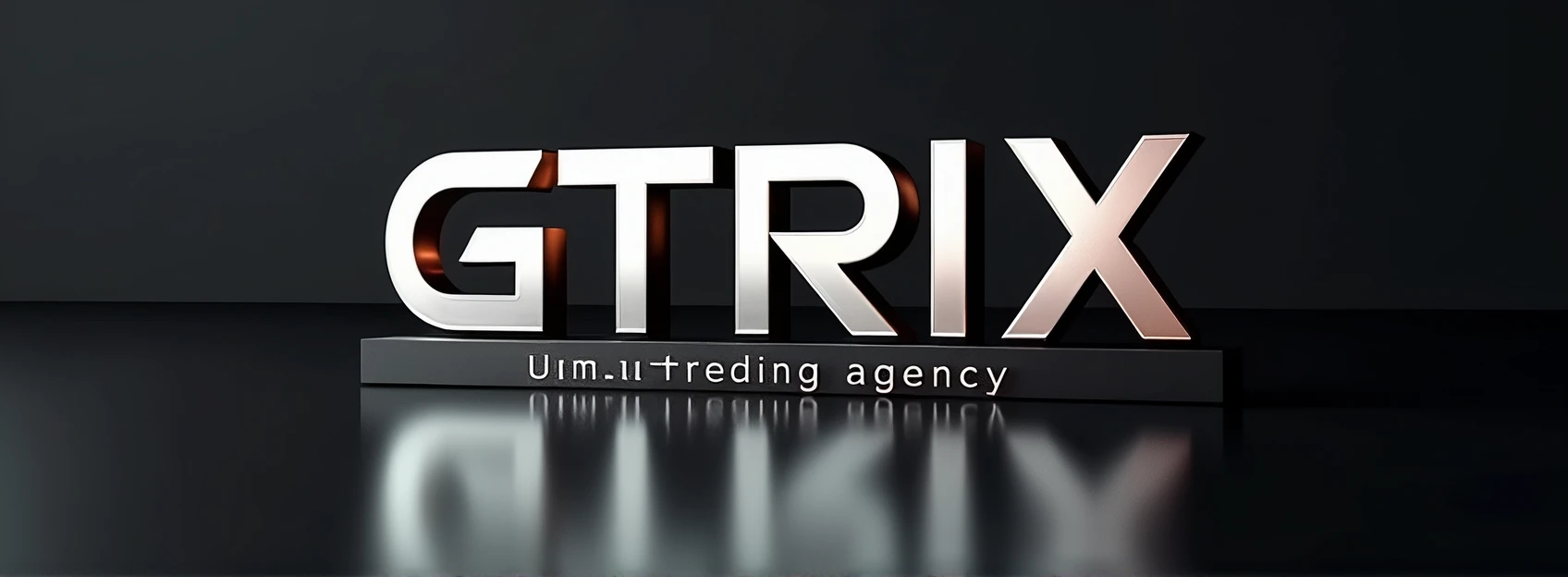 Imagine a 3D logo with the word "Gtrix" written in Portuguese, Conveying modernity and sophistication. The letters have an elegant and geometric font., reflecting a serious and technological image. With a polished metallic finish, the letters capture the light softly, creating a glow that runs through every curve, reinforcing the feeling of luxury and innovation.
Below "Gtrix", in a smaller, minimalist font, must be written exactly "Marketing agency", without any change or replacement of words. This line must maintain exact formatting and spelling in Portuguese., highlighting the name of the agency and its purpose. The matte finish of this line contrasts subtly with the shine of the letters above., highlighting the agency's professionalism.
Enlightenment comes from above, accentuating the depth of the 3D design and casting delicate shadows, which adds a sense of elegance. The reflection of the logo on a black or metallic glass surface adds a touch of exclusivity., as if it were a premium industrial design piece. The combination of these elements results in a visual brand that communicates technology, luxury and seriousness, perfectly aligned with an innovative agency in the Brazilian market.