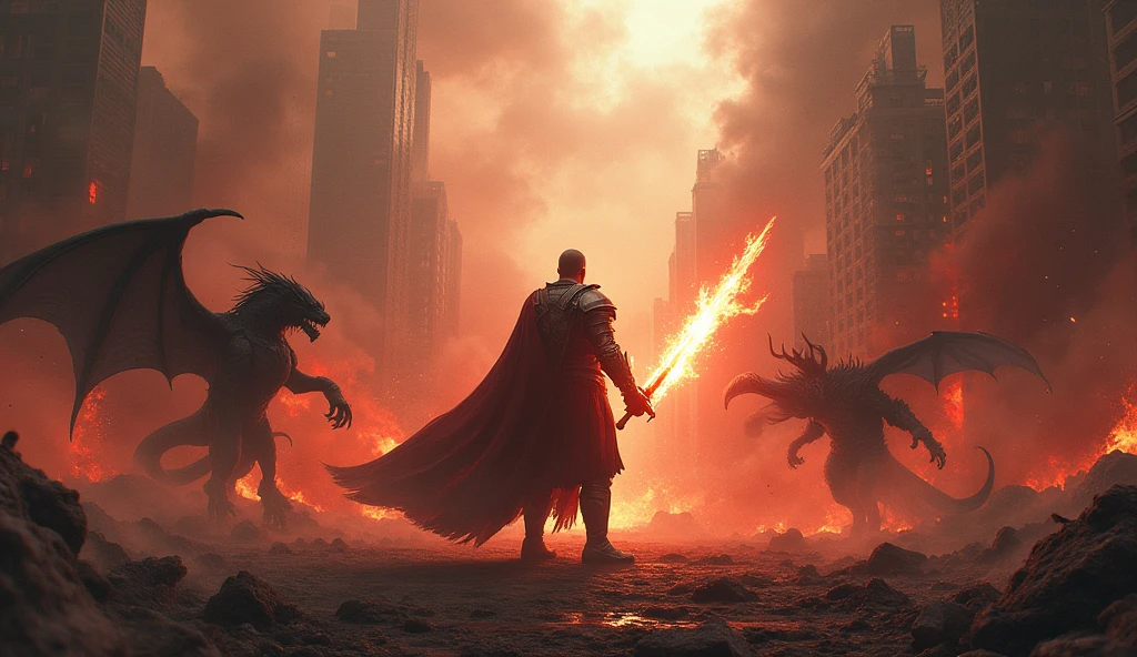An apocalyptic battle scene, with demons and mythological creatures fighting amidst a ruined city. En el centro de la imagen, a warrior stands out, with steel armor and a flaming sword.