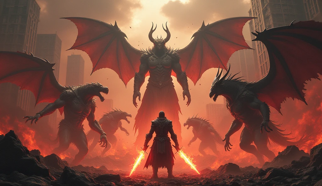 An apocalyptic battle scene, with demons and mythological creatures fighting amidst a ruined city. En el centro de la imagen, a warrior stands out, with steel armor and a flaming sword.