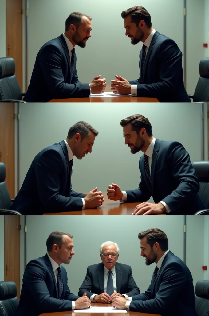 Realism, style realism 1. picture 1: Two businessmen in suits stand opposite each other in an office, with serious faces. One of them says: "Let's solve this like men.!"
2. picture 2: They both take off their jackets and put on boxing gloves..
3. picture 3: In the next frame they are already in the ring., but instead of hitting, they just sign a contract, and the judge looks at them with bewilderment.
4. Picture 4: signature: "When negotiations become too tense!"