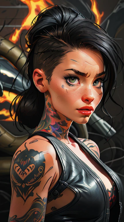 A close up of a woman with black hair and tattoos argent metal ((best quality)), ( high detail), (1girl), doom eternal, (vivid color), tagging a wall, "AIBABE",HDR, 4k, 3D