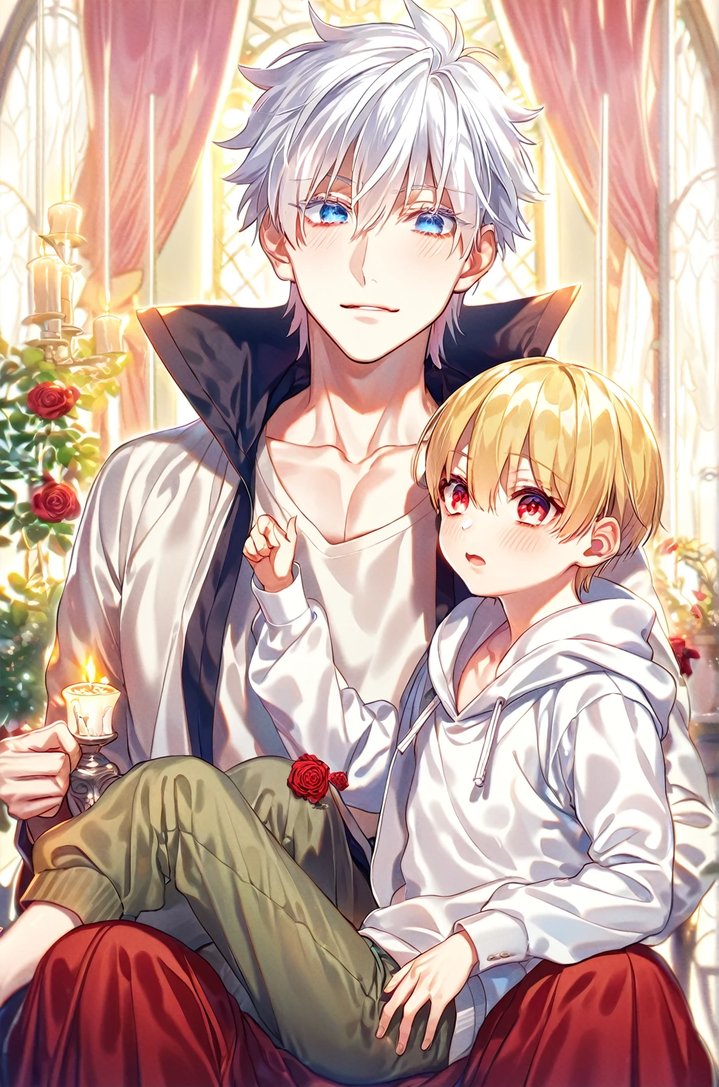 absurdres, highres, ultra detailed, HDR, master piece, best quality, perfect face, detailed eyes, detailed face, Gilgamesh, blonde hair, expressive red eyes, Fate Stay Night, Gojou Satoru, white hair, expressive blue eyes, white eyelashes, one kid sitting on the lap of a handsome adult man, yaoi, gay couple, black coat, white hoodie, room, window, red curtains, red roses, candles, night, garden