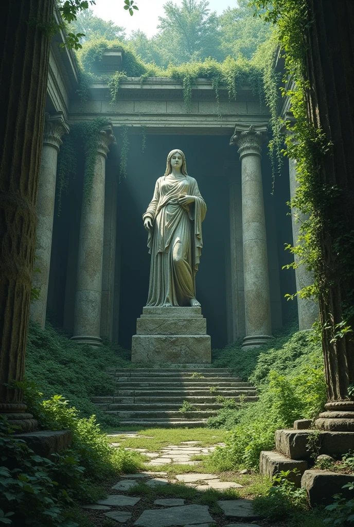 The exterior of the temple of Athena, her statue standing in the center, everything abandoned and covered in vines and moss, dark in the middle of a forest feeling withered