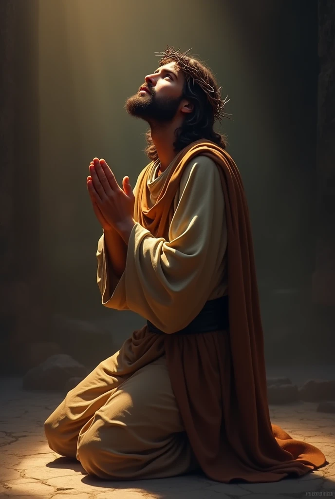 A depiction of Jesus Christ kneeling in prayer, wearing a crown of thorns. He is positioned on his knees, with his hands clasped in front of him, looking upwards as if seeking divine guidance. His expression reflects a deep sense of devotion and humility. The background is subdued, with soft lighting focusing on Jesus, casting a gentle glow around him. His robes are simple, in earthy tones, and the scene is serene and solemn, evoking a powerful sense of reverence and contemplation.