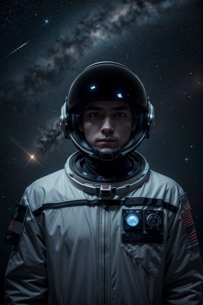 A futuristic astronaut floating in space, surrounded by stars, galaxies, and glowing nebulae. The astronaut's suit is sleek, with lights and digital displays. Their helmet reflects the vastness of space, with planets and distant moons in the background. The astronaut’s eyes are visible through the helmet, glowing with a soft, otherworldly light, and they have a determined expression.