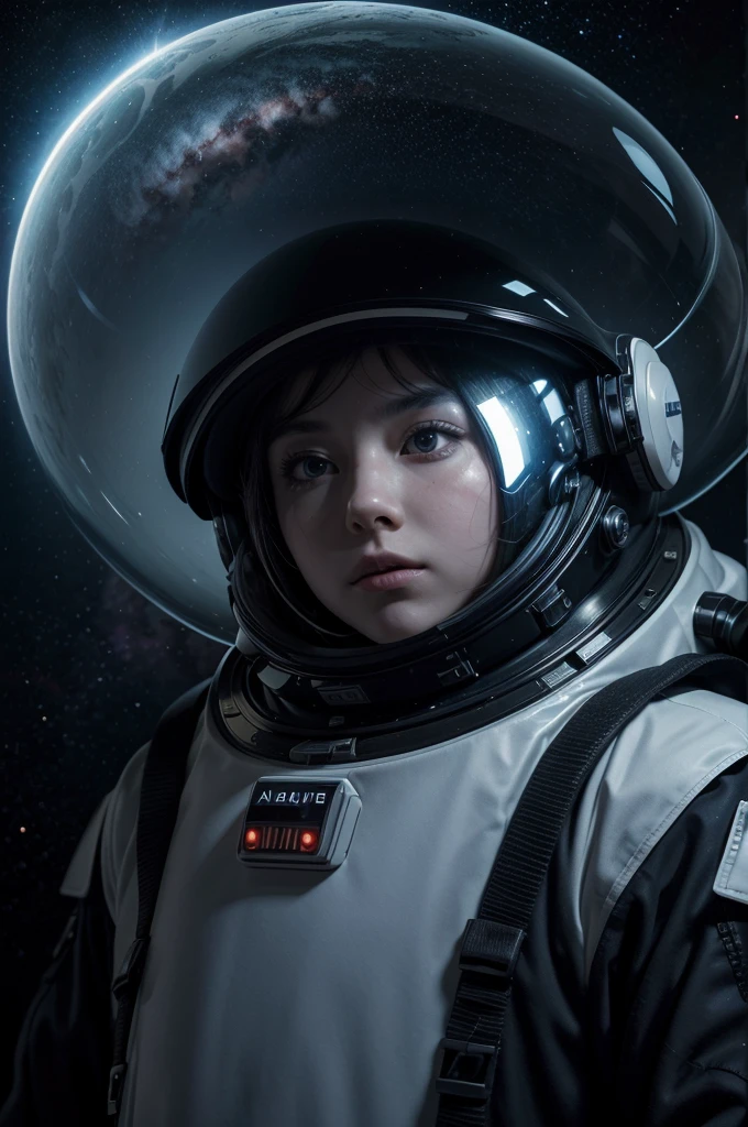 A futuristic astronaut floating in space, surrounded by stars, galaxies, and glowing nebulae. The astronaut's suit is sleek, with lights and digital displays. Their helmet reflects the vastness of space, with planets and distant moons in the background. The astronaut’s eyes are visible through the helmet, glowing with a soft, otherworldly light, and they have a determined expression.
