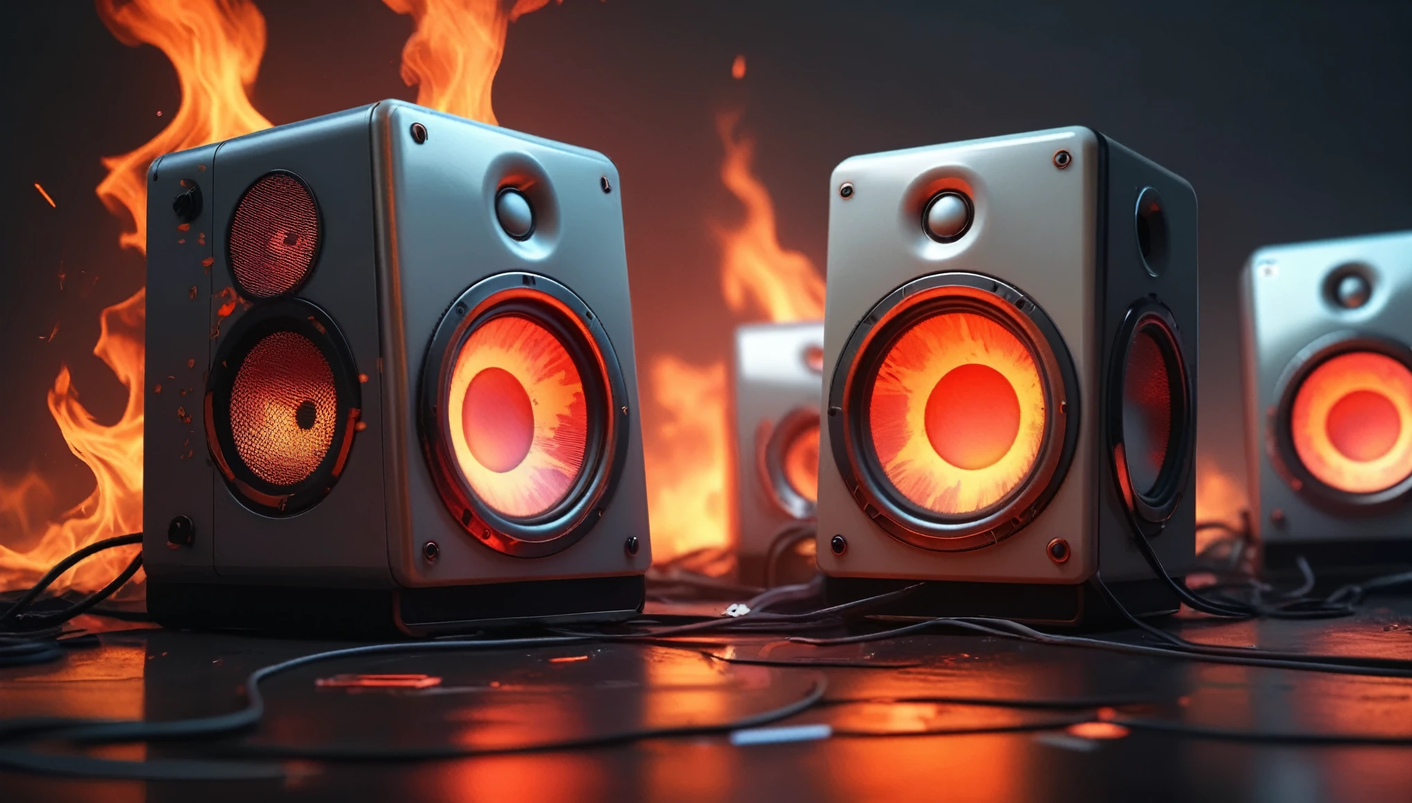 ral-opal, meahophontron, cyberpunk, (ABSTRACT FUTURISTIC ART) fire environment, burning speakers (red colors, negro, gray), (Professional photography), con soft tones, background image, soft tones, Wallpaper, fire burning. futurist.