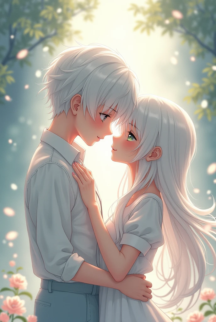 A white haired boy with a white haired girl anime style