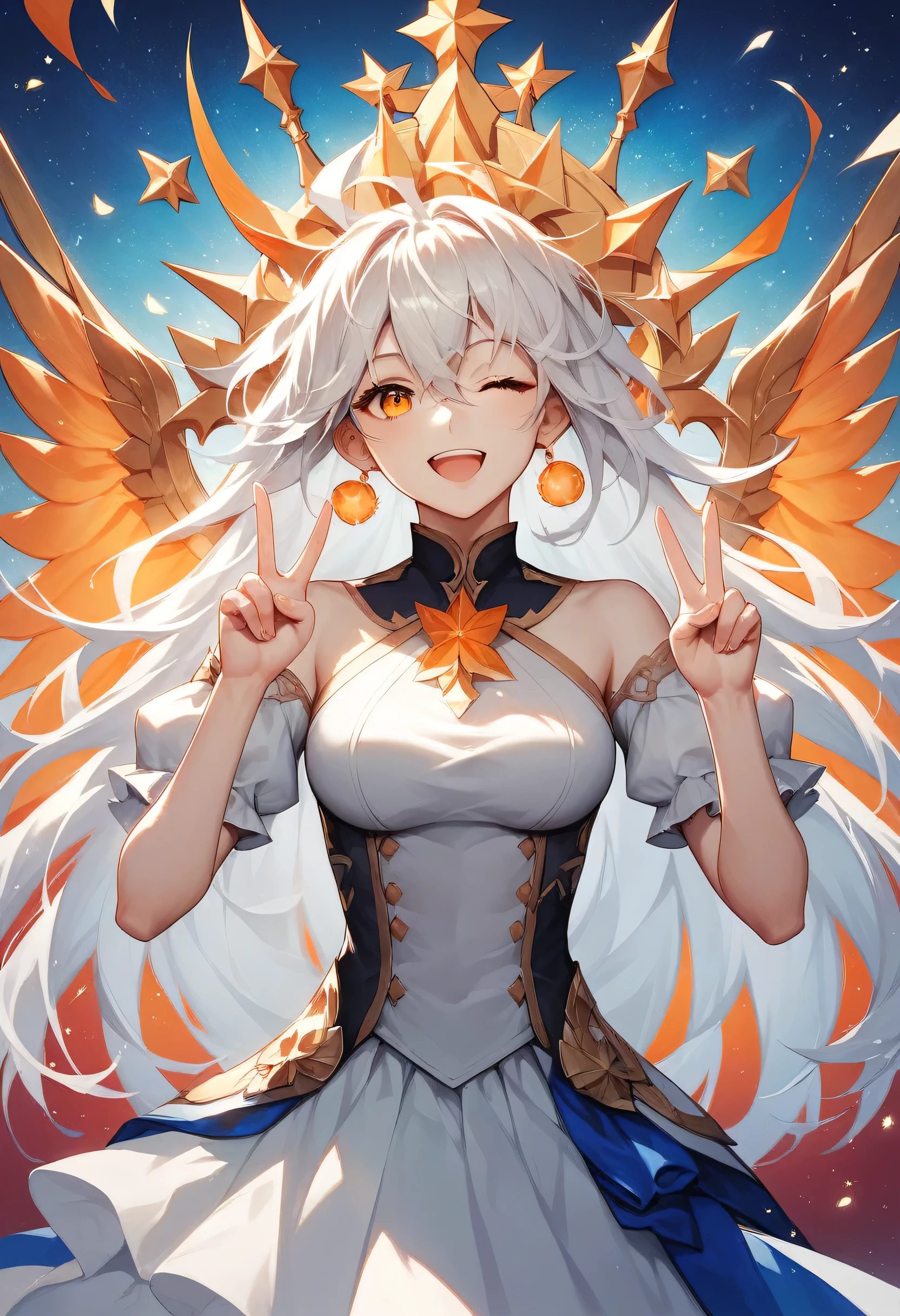 score_9, score_8_up, score_7_up, (masterpiece, best quality, very aesthetic, ultra detailed), intricate details, 1girl, slim, messy hair , fate \(series\), white hair, orange eyes, one eye closed, open mouth, skirt, double v, smile,
