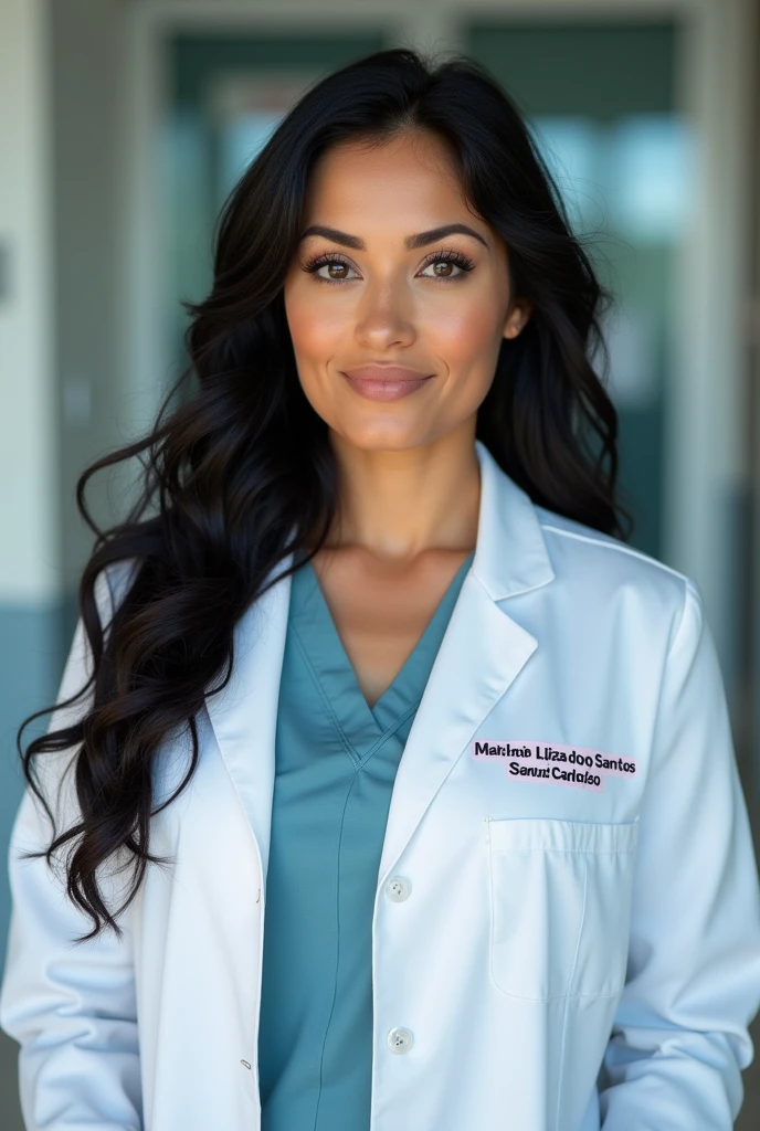 mulher corpo midsize, long wavy black hair, light skin tone, slightly tanned. wearing a white lab coat embroidered with the name maria luiza dos santos cardoso and also embroidered with the word nurse.