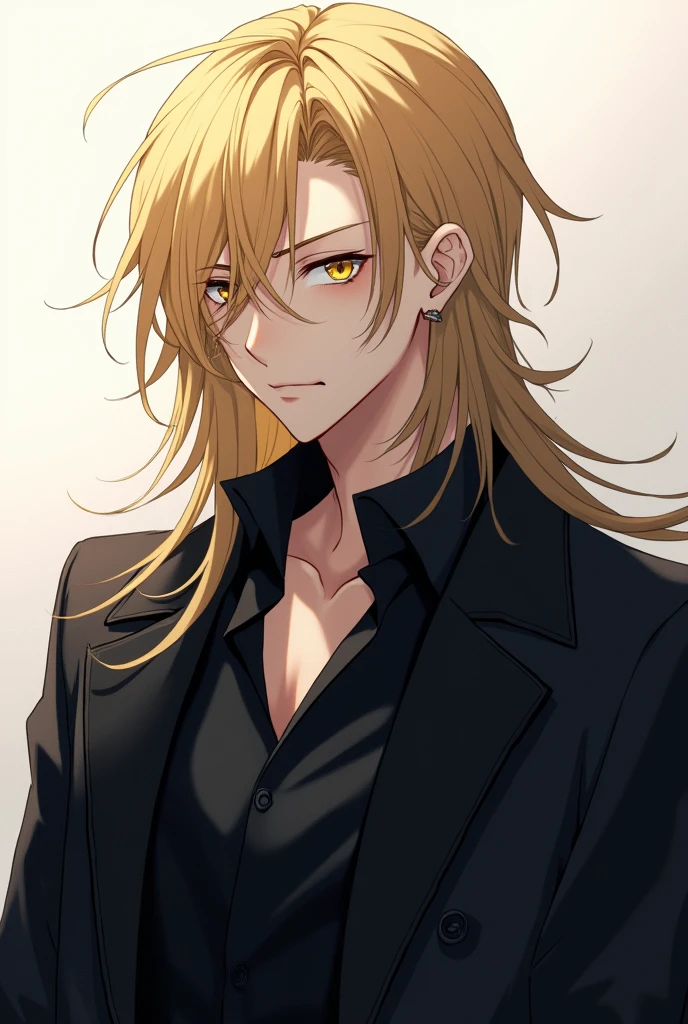 Male anime character with long blonde hair, with a fringe hiding the right eye and the left yellow, wearing a black overcoat, marking your muscles a little