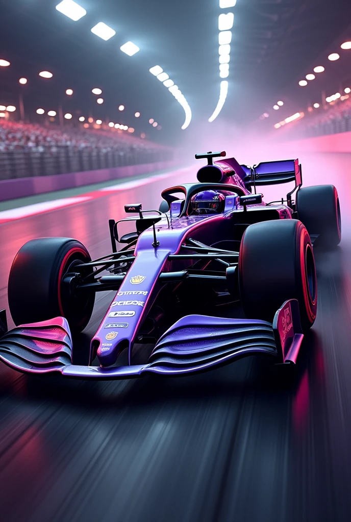 Create an F1 car with dark purple colors, black and silver, the logo of a phoenix