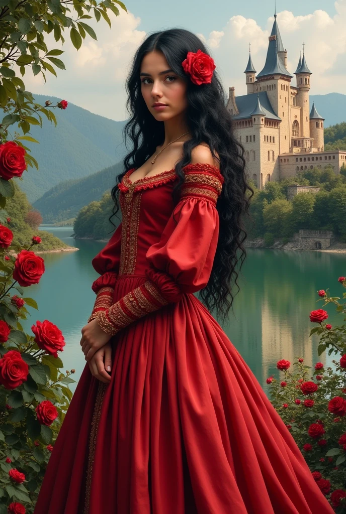 A beautiful woman standing next to a lake and a castle with roses, black wavy hair, with green eyes and a red dress from the time of 1472 with a rose in her hair called Priscila Herculano de Highlander Silva