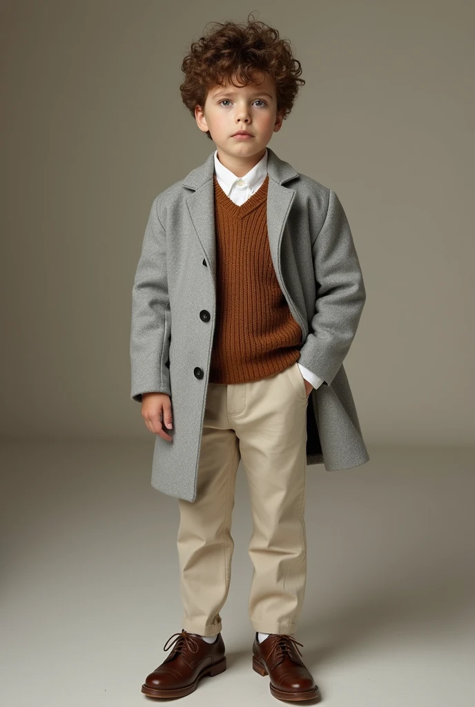 (realistic photo)  boy in light grey coat, brown chompa, white shirt and light beige pants with brown shoes (elegant)