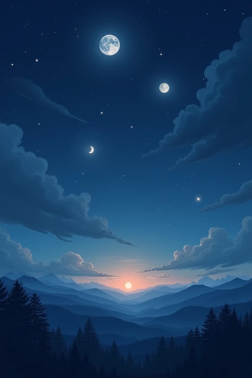 Moons at night with stars and dawn