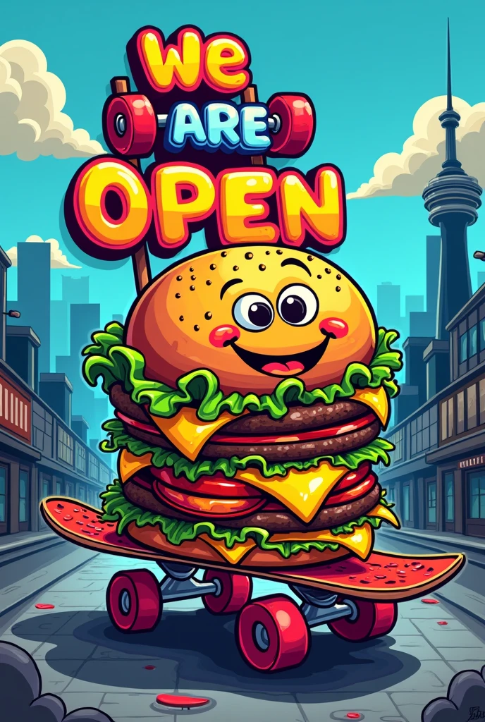 A skateboard burger themed image of we are open
