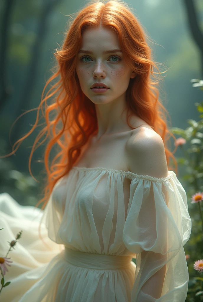 A girl in transparent clothes with red hair and freckles
