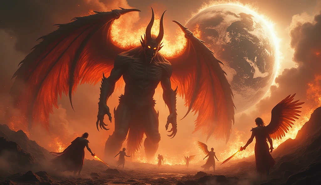 close up image, detailed face of a large demon with wings of fire, planet earth hugging planet earth close up fire, angels in the background of the image at war with demons, earth in chaos, background of the image with details of fire biblical story, 4k, realistic image and detailed,