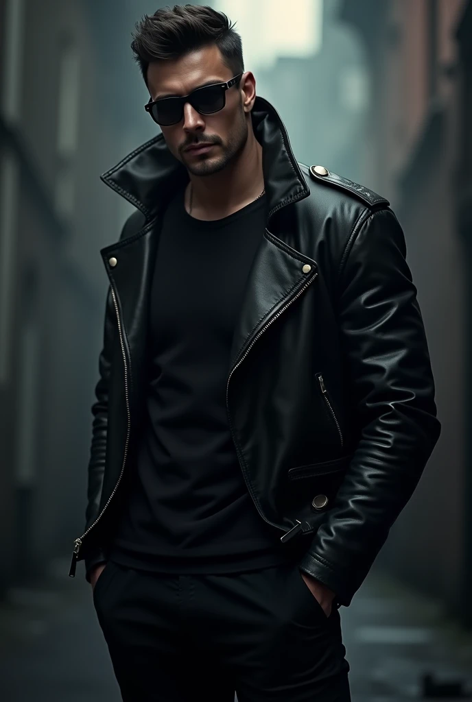 Cool man in black leather jacket and black glasses