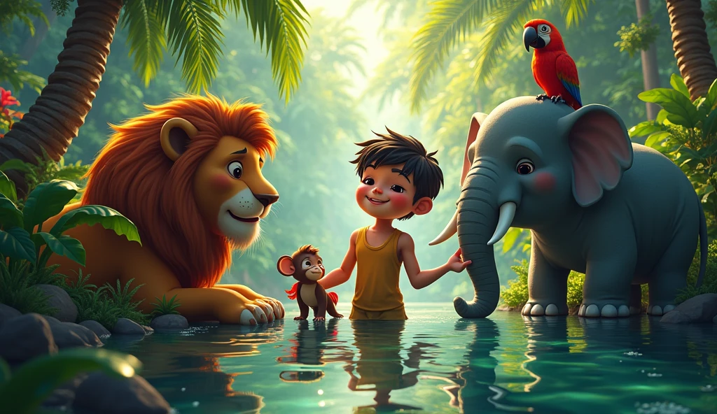 Young man is feeding his animals outside his hut in the jungle. Sheru, the lion, is sitting calmly, looking content. Chinku, the monkey, is playfully hanging upside down from a tree branch, reaching for a banana. Raju, the elephant, is standing next to a water barrel, using his trunk to sip water. Mithu, the parrot, is perched on a wooden post, looking wise and observing the scene. The background features tall trees, colorful flowers, and the sunlight filtering through the foliage.photo realastic vivid,neon,dramatic.cinamtic lighting, renderless