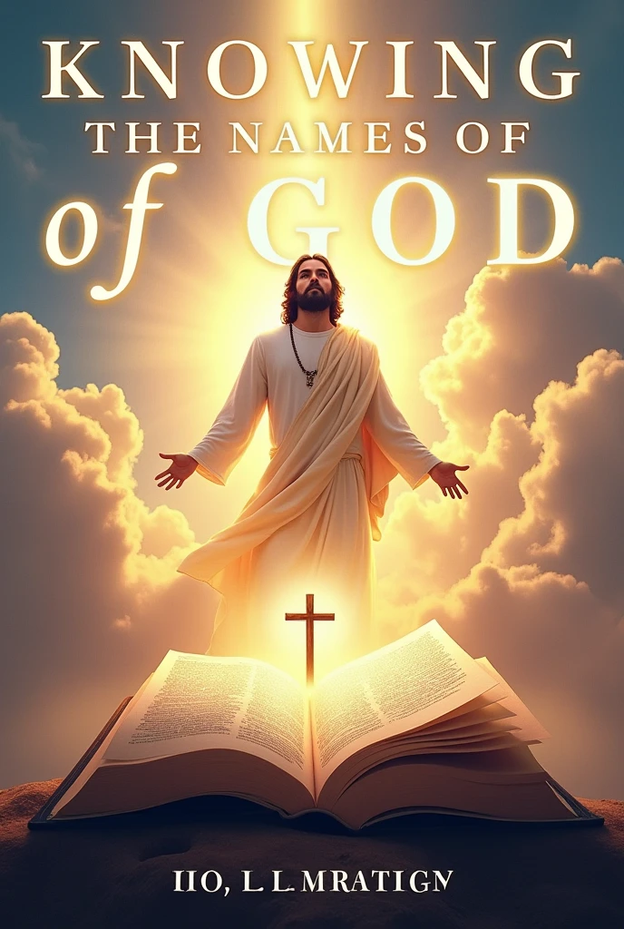 Create a cover for a YouTube channel called "KNOWING THE NAMES OF GOD. THE BIBLE.". The cover must be striking and attractive, with a design that conveys a spiritual and educational message.
Specifications:
1. Main le: "BREAKING BIBLE - Chapter 5".
2. Visual Style: Modern and dynamic, with a spiritual touch. Use soft and warm colors such as gold, white, sky blue and purple, which convey peace and wisdom.
3. Graphic Elements: Include religious symbolic elements such as an open Bible, a cross, and a radiant light illuminating from the background, as well as images of Jesus Christ. Add symbols that represent the names of God such as Hebrew letters or an artistic representation of God.
4. Typography: Use clear and legible typography for the main tit"BREAKING BIBLE - Chapter 5" and a smaller subtitle that says "Knowing the names of God." The font should be sleek yet modern, with a soft glow or shimmer effect.
5. Background: A background that matches the colors mentioned, with a heavenly light effect or soft clouds to give a sense of spiritual depth.
6. Additional Iconography: Add subtle icons like a quill or scrolls to represent biblical teaching and wisdom.
7. Format and Resolution: The cover art should be in landscape format and high resolution, suitable for a YouTube thumbnail (1280x720 pixels).