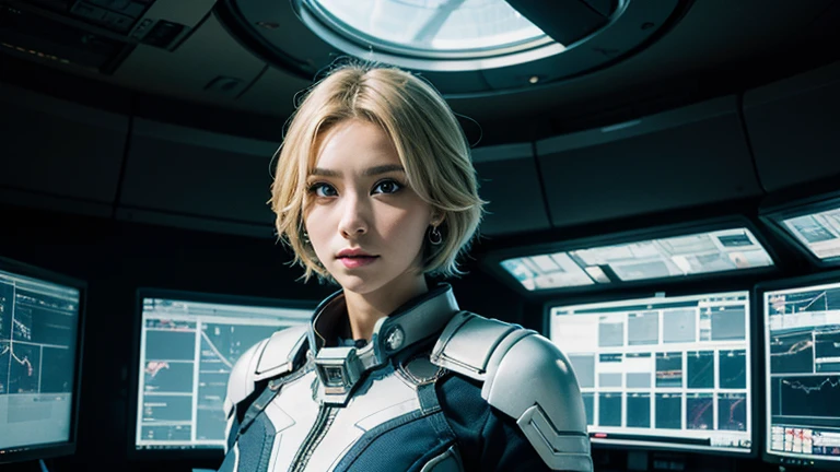 Woman, 40 year old, pretty, blonde, short-hair, sapphire earrings, blue colored eyes, captain of the intergalactic spaceship Valkyrie I, in the control room, checking navigation instruments.