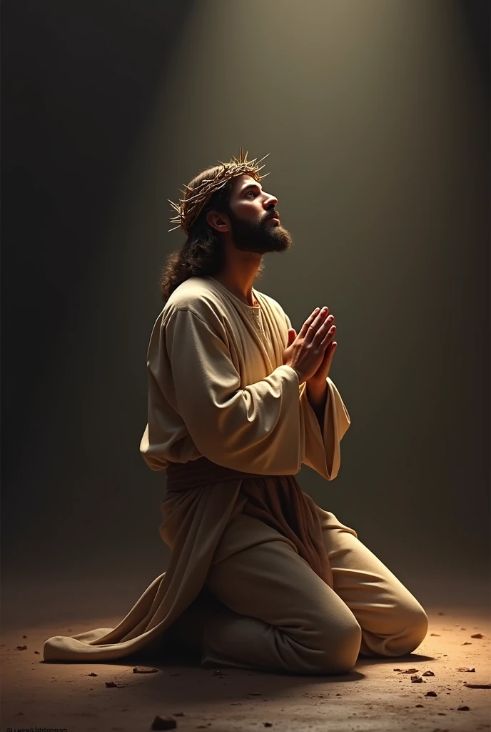 A depiction of Jesus Christ kneeling in prayer, wearing a crown of thorns. He is positioned on his knees, with his hands clasped in front of him, looking upwards as if seeking divine guidance. His expression reflects a deep sense of devotion and humility. The background is subdued, with soft lighting focusing on Jesus, casting a gentle glow around him. His robes are simple, in earthy tones, and the scene is serene and solemn, evoking a powerful sense of reverence and contemplation.