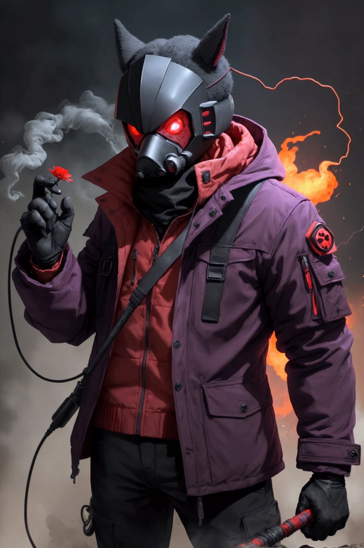 A creature wearing a black counter-radiation mask, and red smoke comes out of its holes. He wears a purple jacket with a red flower in the jacket pocket.. In addition, it has several energy cables and wires that pass through it and come out of its skin, which is visible., he holds a cane and wears black gloves on his hands.