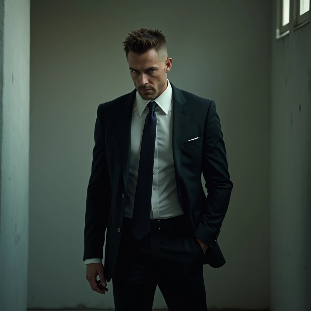 cinematic representation , a man on his knees, pensive , Tall and fit, (40 years:1.1), (shaved off:1.2), (short spiky brown hair :1.5),(very short spiky hair:1.6). tight black suit, White shirt . minimalist background, clean composition, Strong details, muted colors, Hasselblad, raw style
