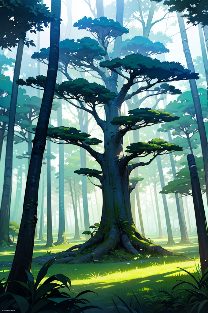 Magical forest, tropical forest, holy forest, white lighting tree, lush trees, masterpiece,