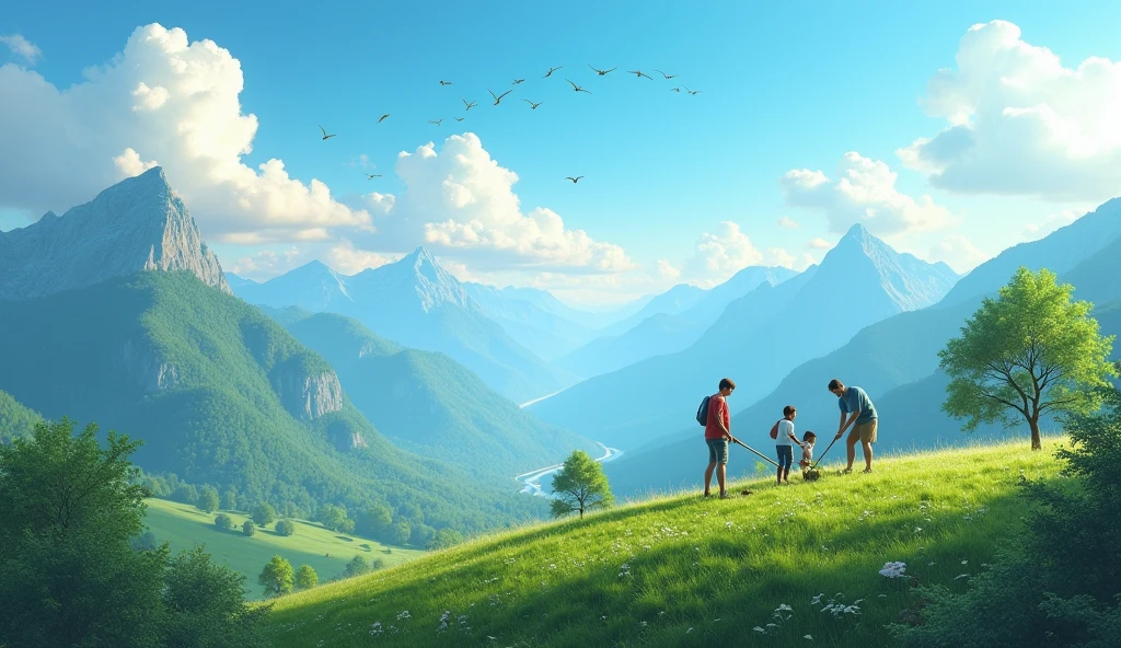 Ultra HD background image with Mountains and hills with birds flying on sky. Families with man, women and children planting trees on one of the hill.