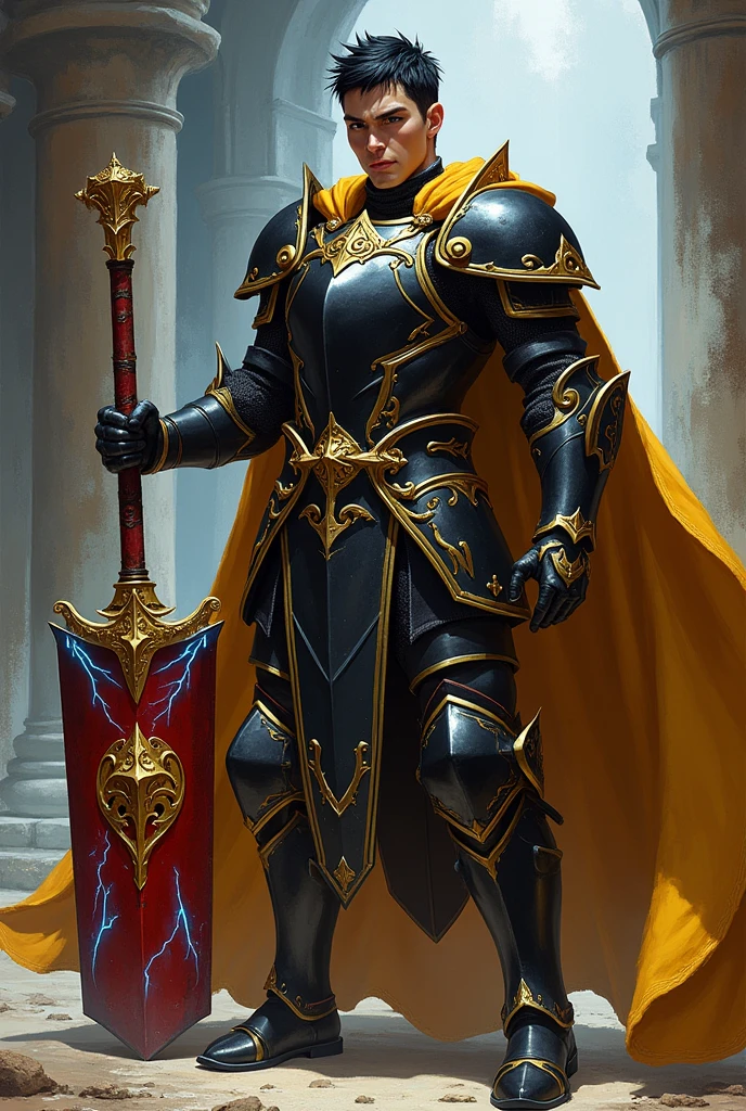 Create a character named Hiro Higure. He is a paladin from dnd. He has an emblem that is composed of gold flames shaped like a dragon which is on his bronze-colored shield. Hiro has short and spiked black hair, obsidian eyes, and brown tan skin. He has black armor with gold trimming and has a scarlet warhammer with blue radiant cracks the top of the hammer. Hiro also has a golden cape with the same emblem as the shield as well. Draw him in the style of Baldur’s Gate 3.