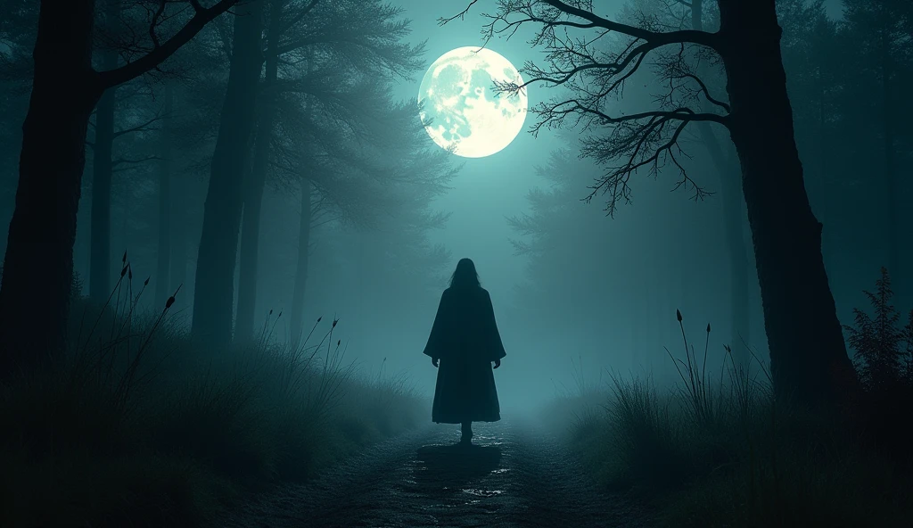 "A person walking unafraid through a dark night, arrows flying but missing their target, wearing a flowing robe, the setting is a dark, moonlit forest with a clear path illuminated, the scene captures the contrast between darkness and light, hyper-realistic, photo realism, cinematography -- ar 16:9."