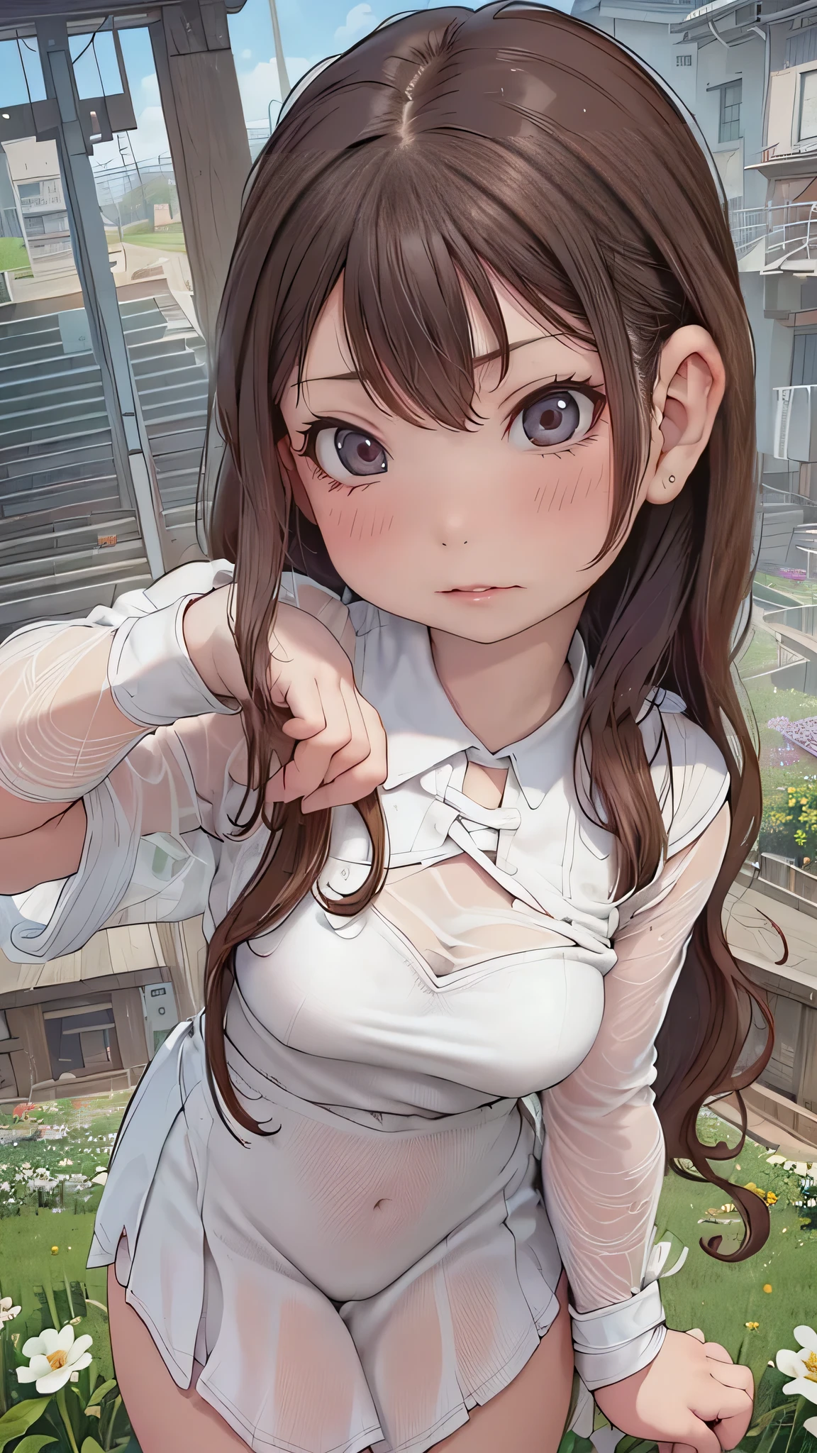 Realistic, masterpiece, highest quality, Highest Resolution, one Japanese high school girl, , Upper body photo, Looks sleepy, Spaced out, Mouth open, Beautiful and detailed eye drawing, (droopy eyes:1.3), Dark Eyes, Thin eyebrows, Carefully draw eyelashes, Eyelash extensions, Gal Makeup, Orange teak, (White brown wavy hair with white mesh, long hair, middle part:1.3), (hidden creased eyelids:1.3), (Gothic school uniform:1.2), (The subject was photographed from above at an angle:1.3), (Flower Field:1.3), (Close up on face, Standing up and trying to grab the audience:1.5)