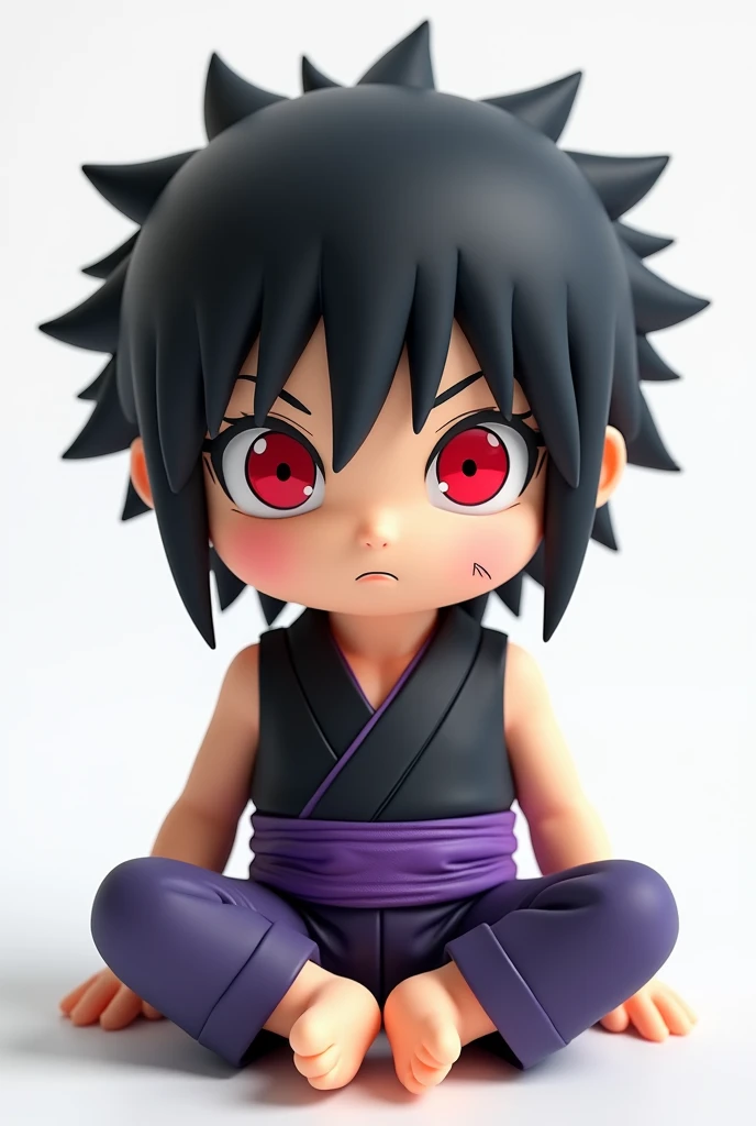Original 3D Sasuke doll design, cute, cool, black hair, red eyes, high image resolution, wearing a purple belt, atmosphere, sitting cross-legged, enthusiastic, colored, white background,