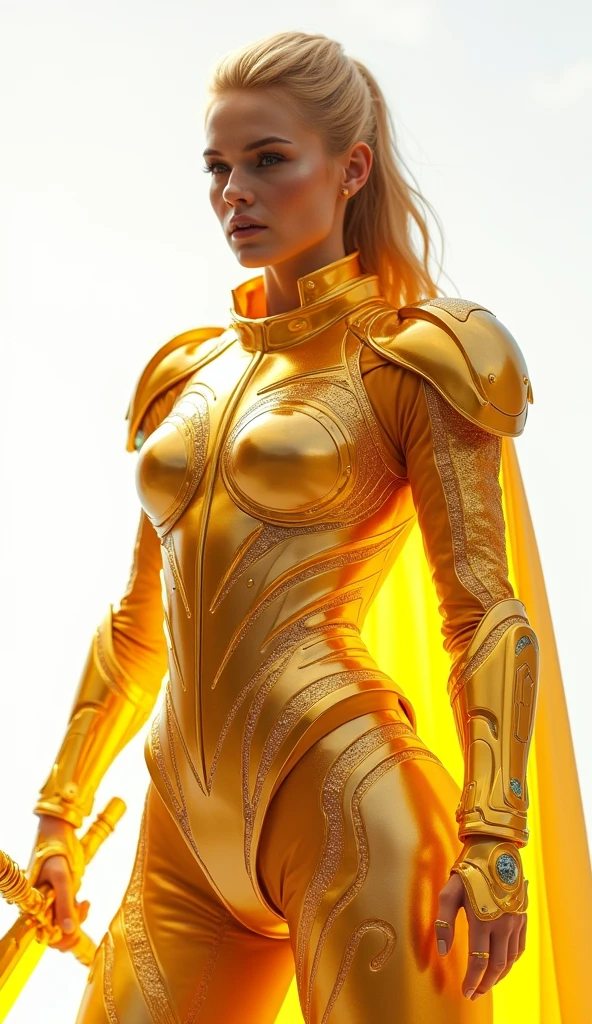 Create a 4K, ultra-realistic image of a fierce female warrior from Nova Aeterna, set against a white backdrop. Her armor shines with golden hues, reminiscent of the sun's rays, with intricate, embossed designs that reflect her status as a protector of light. The armor is lightweight yet strong, with solar panels embedded in the design, giving it a radiant, almost blinding appearance. Her face is partially covered by a visor with a golden tint, and she carries a sword with a glowing blade, symbolizing her solar power. Highlight the luminous armor, the warrior's determined expression, and the detailed craftsmanship of the suit