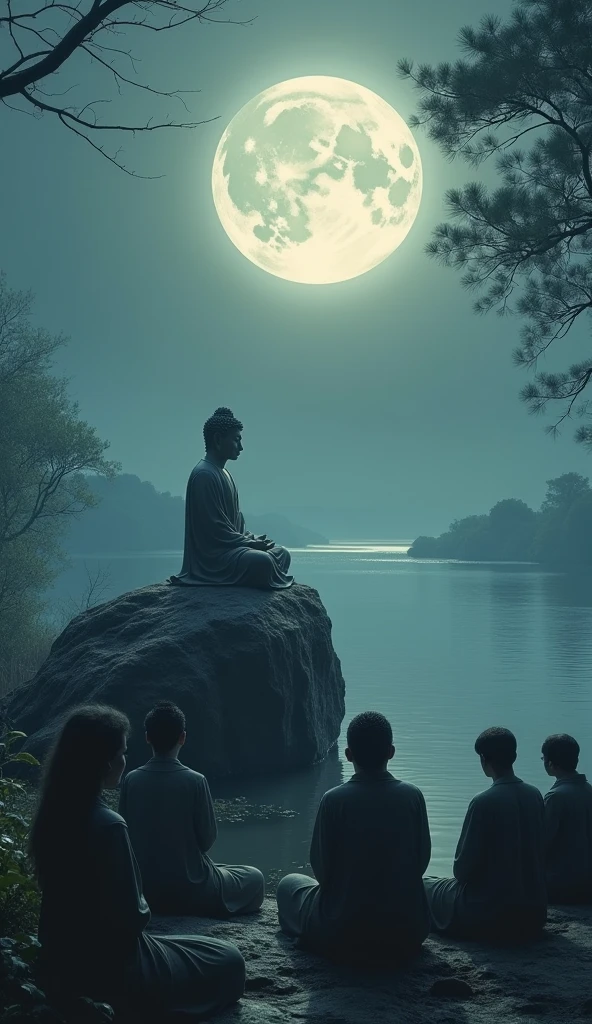 Buddha sitting on the rock and giving advice to audience under the gull moon