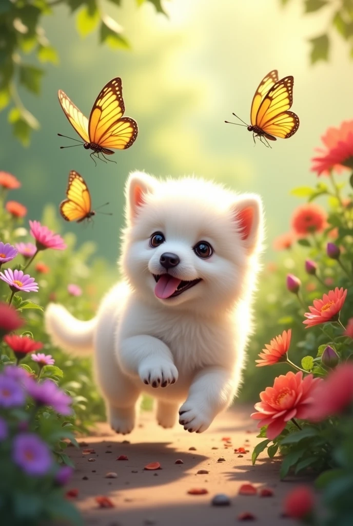 a sweet white puppy playing with yellow butterflies in a garden with red and purple flowers